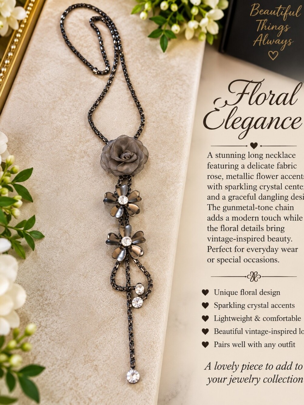 Floral Elegance Black CrystalLong Necklace with Gray Fabric Rose
